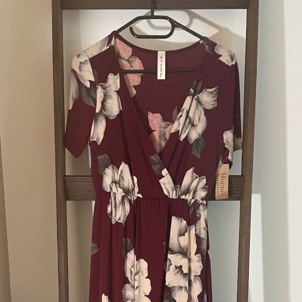 Burgundy Floral Wrap-Front Summer Maxi Dress Size M